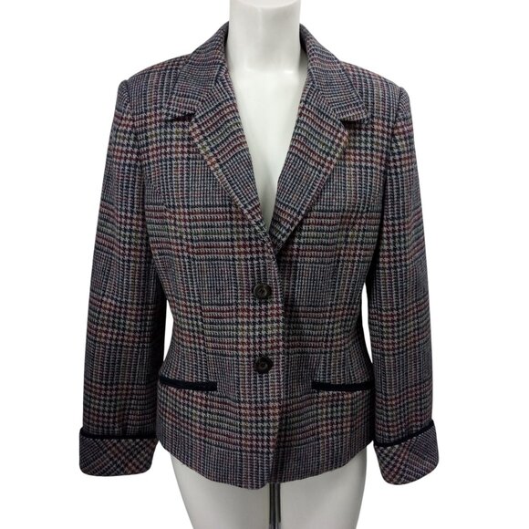 Vintage Plaid 100% Wool Houndstooth Blazer Size M Maurices 90s Y2K Gray Lined - Picture 1 of 12